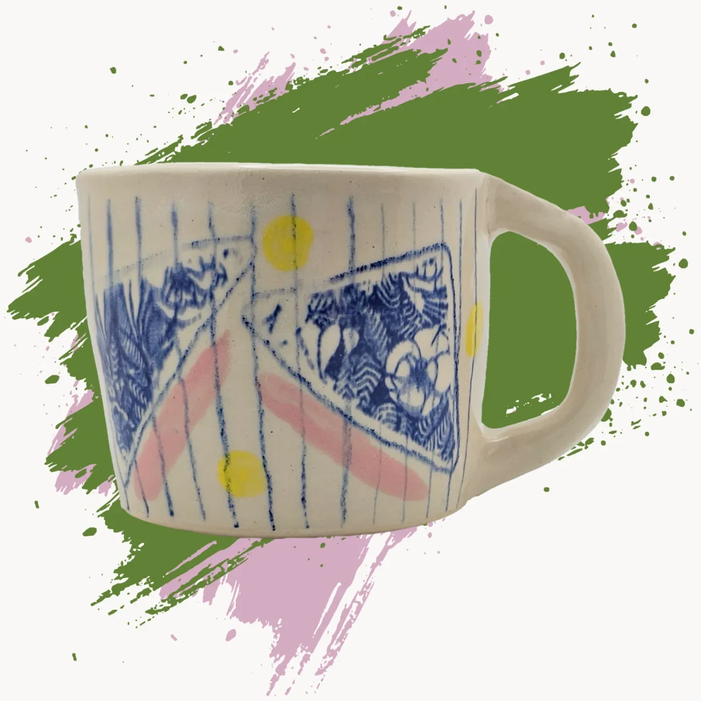 A hand-thrown stoneware mug, cream with blue underglaze drawing and
pink and yellow brushwork, on a green and pink painted ground. Scrolling
turns it and tips it up to show the words BE KIND painted inside, with two
small hearts.